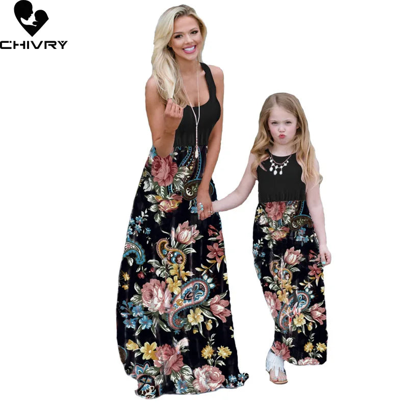 New Mother Daughter Summer Dresses Sleeveless Flower Patchwork Sundress Mom Mommy and Me Maxi Dress Family Matching Outfits