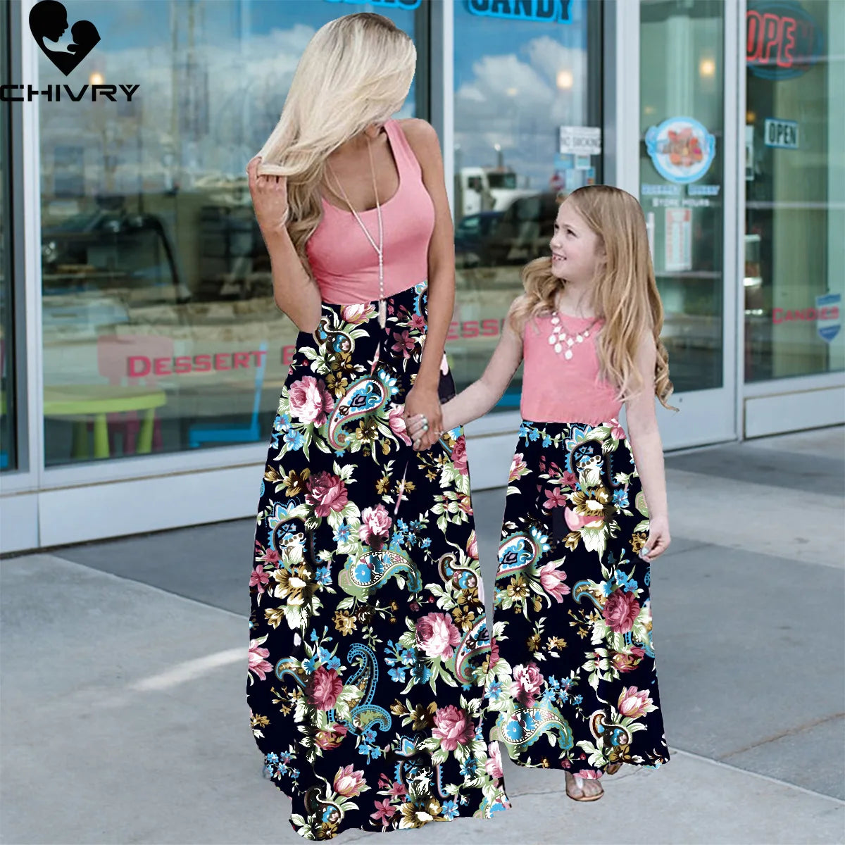 New Mother Daughter Summer Dresses Sleeveless Flower Patchwork Sundress Mom Mommy and Me Maxi Dress Family Matching Outfits