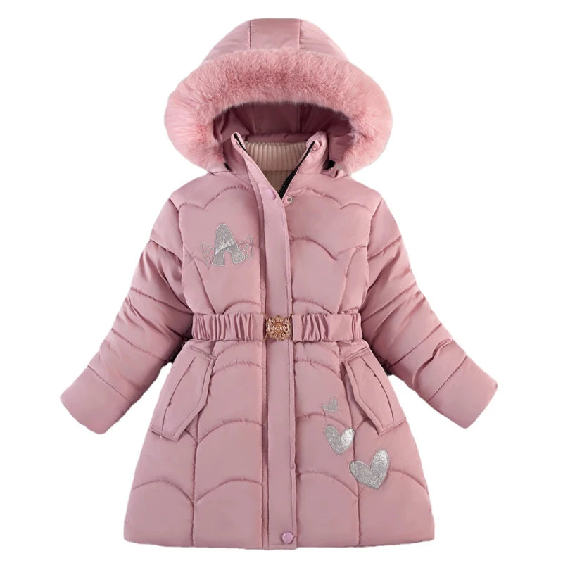 Girls Jacket Winter Long Love Pattern Lining Plus Velvet Thick Warm Hooded Windbreak For 5-10Y Kids Cotton Coats