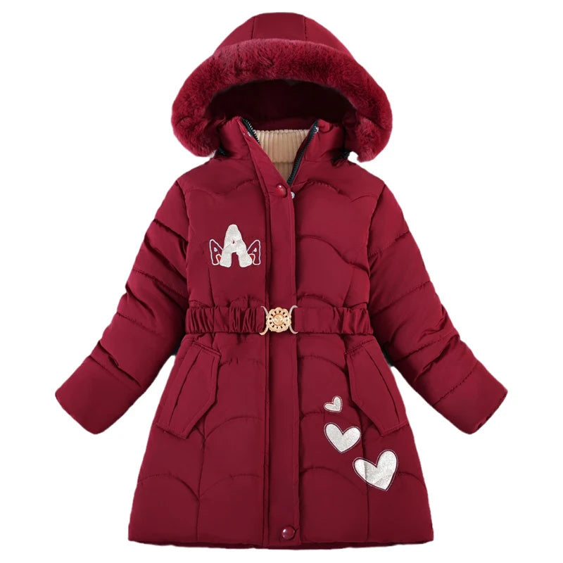 Girls Jacket Winter Long Love Pattern Lining Plus Velvet Thick Warm Hooded Windbreak For 5-10Y Kids Cotton Coats