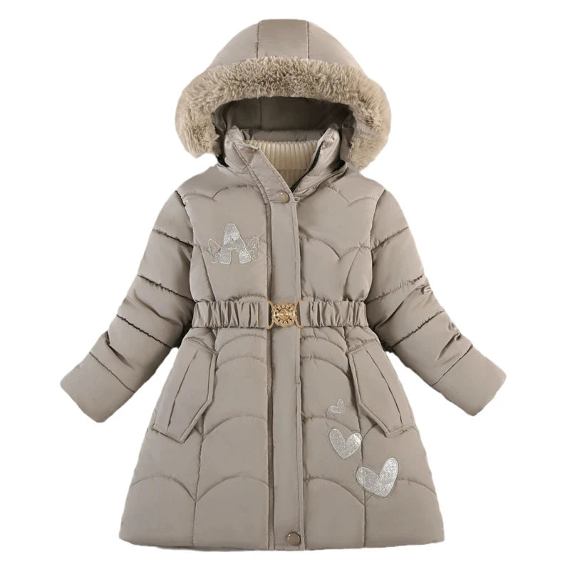 Girls Jacket Winter Long Love Pattern Lining Plus Velvet Thick Warm Hooded Windbreak For 5-10Y Kids Cotton Coats