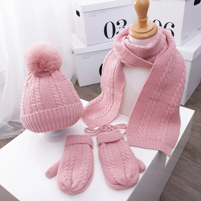 3PCS Winter Baby Hat Scarf Gloves Set Plush Lining Kids Beanie Neck Warmer Snow Outdoor Children Caps for Girls Boys 1-5Y