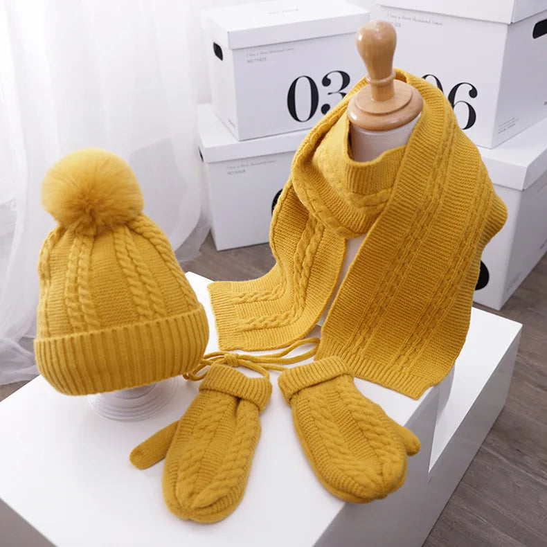 3PCS Winter Baby Hat Scarf Gloves Set Plush Lining Kids Beanie Neck Warmer Snow Outdoor Children Caps for Girls Boys 1-5Y