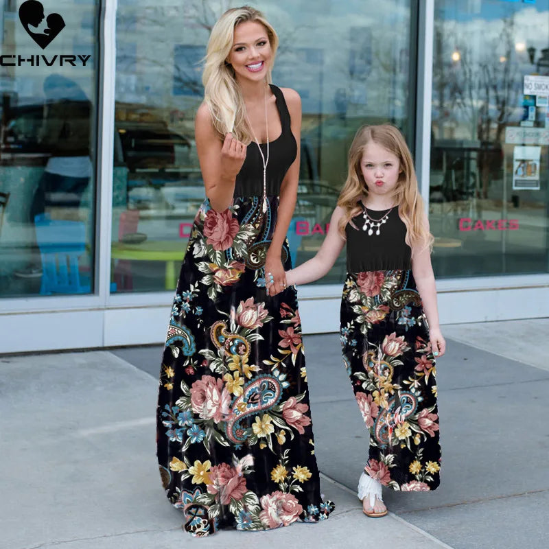 New Mother Daughter Summer Dresses Sleeveless Flower Patchwork Sundress Mom Mommy and Me Maxi Dress Family Matching Outfits