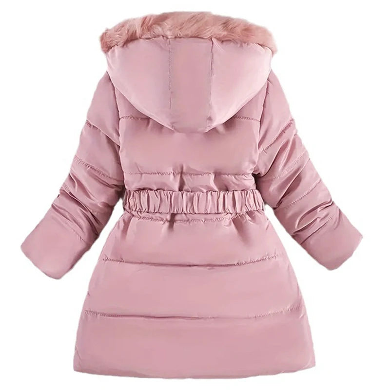 Girls Jacket Winter Long Love Pattern Lining Plus Velvet Thick Warm Hooded Windbreak For 5-10Y Kids Cotton Coats