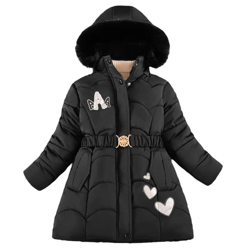 Girls Jacket Winter Long Love Pattern Lining Plus Velvet Thick Warm Hooded Windbreak For 5-10Y Kids Cotton Coats