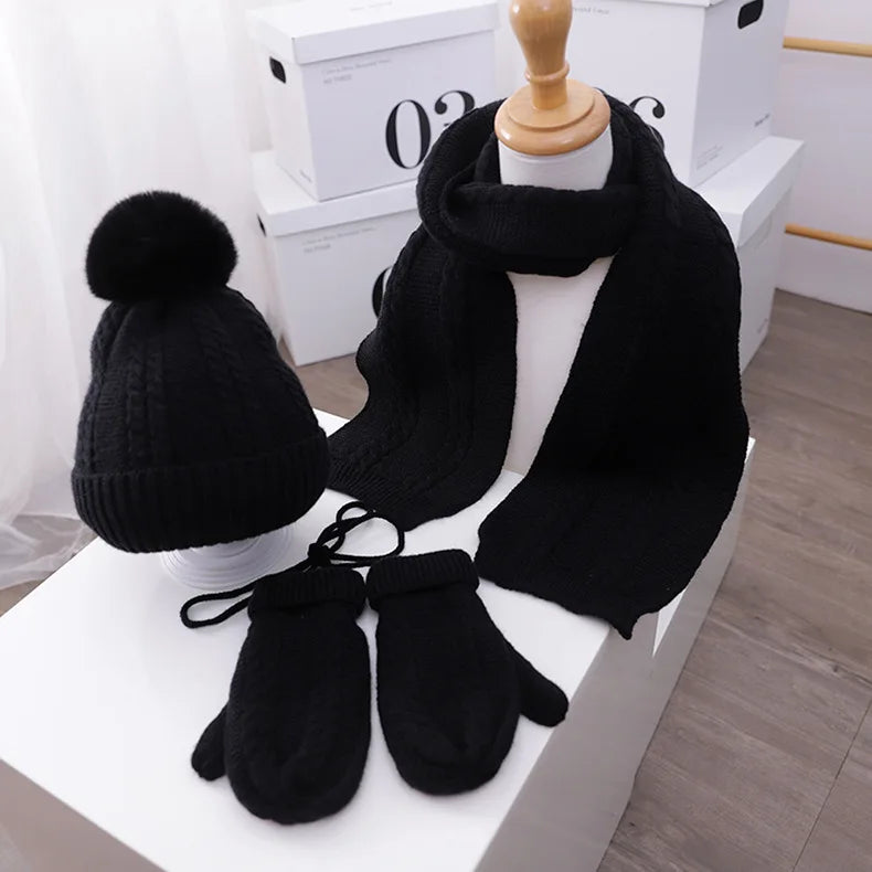 3PCS Winter Baby Hat Scarf Gloves Set Plush Lining Kids Beanie Neck Warmer Snow Outdoor Children Caps for Girls Boys 1-5Y