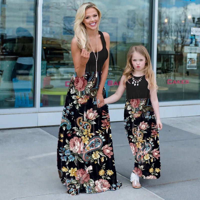 New Mother Daughter Summer Dresses Sleeveless Flower Patchwork Sundress Mom Mommy and Me Maxi Dress Family Matching Outfits