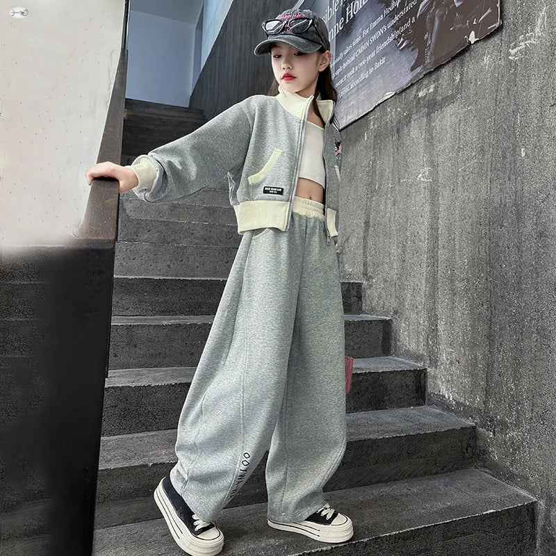 Girls Fashion Streetwear Dance Clothes Set Kids Short Zipper Coat Pants Sets Tracksuits Teen Clothing 3 5 7 9 11 13 15 Years Old