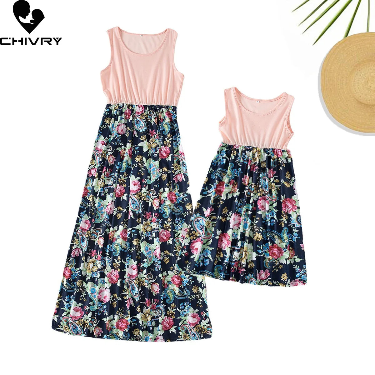 New Mother Daughter Summer Dresses Sleeveless Flower Patchwork Sundress Mom Mommy and Me Maxi Dress Family Matching Outfits