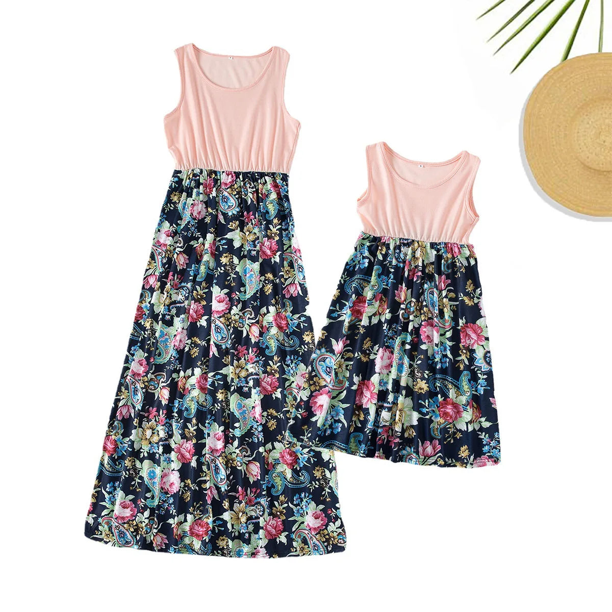 New Mother Daughter Summer Dresses Sleeveless Flower Patchwork Sundress Mom Mommy and Me Maxi Dress Family Matching Outfits